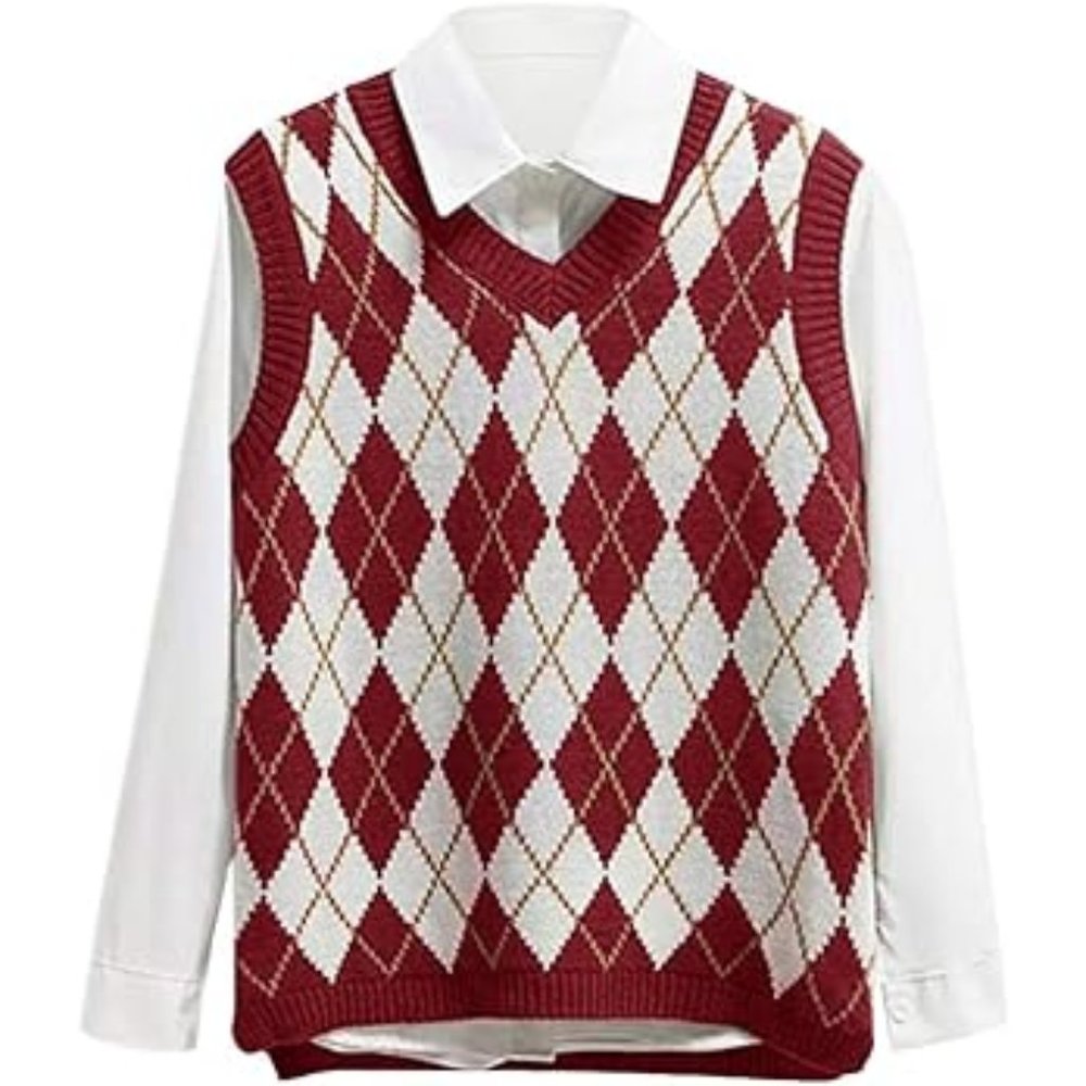 Lailezou Women's V Neck Knit Sweater Vest Argyle Plaid / XXL